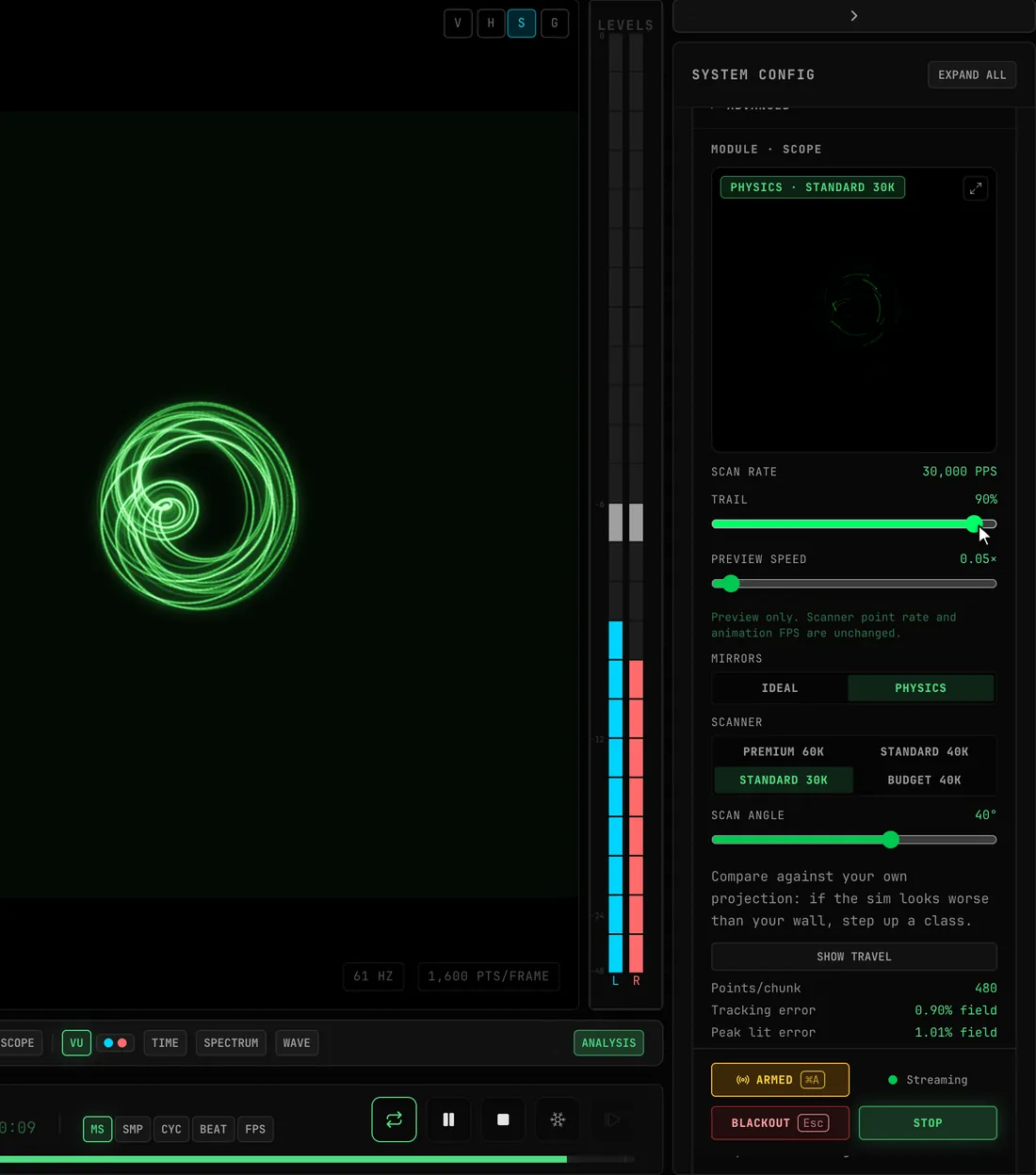 MIRRORS switched to PHYSICS so the preview header reads PHYSICS · STANDARD 30K, then PREVIEW SPEED dragged from 1.00× down to 0.05× so the output preview redraws the figure in slow motion, then TRAIL dragged down and up to shorten and lengthen the afterglow