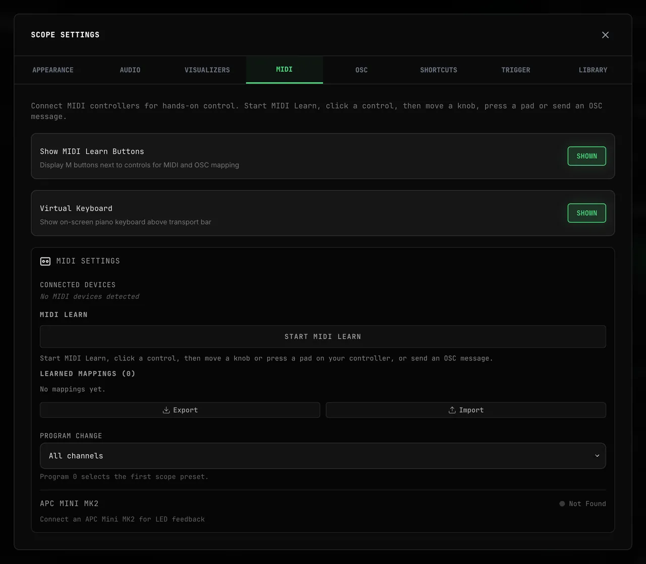 OSC-1 Settings → MIDI: Show MIDI Learn Buttons and Virtual Keyboard both SHOWN, CONNECTED DEVICES reading No MIDI devices detected, MIDI LEARN with START MIDI LEARN, LEARNED MAPPINGS (0), Export and Import, PROGRAM CHANGE set to All channels, and APC MINI MK2 Not Found
