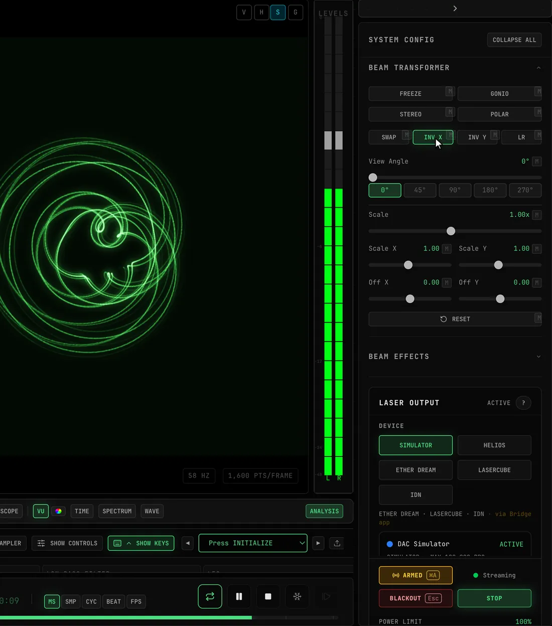 INV X, INV Y and SWAP in BEAM TRANSFORMER are toggled on and off while the DAC Simulator streams: the figure on the scope mirrors and turns, and the output preview under LASER OUTPUT follows every change