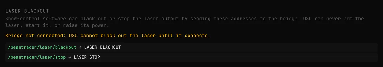 The LASER BLACKOUT block in Settings → OSC: /beamtracer/laser/blackout → LASER BLACKOUT and /beamtracer/laser/stop → LASER STOP, with the note that the bridge is not connected