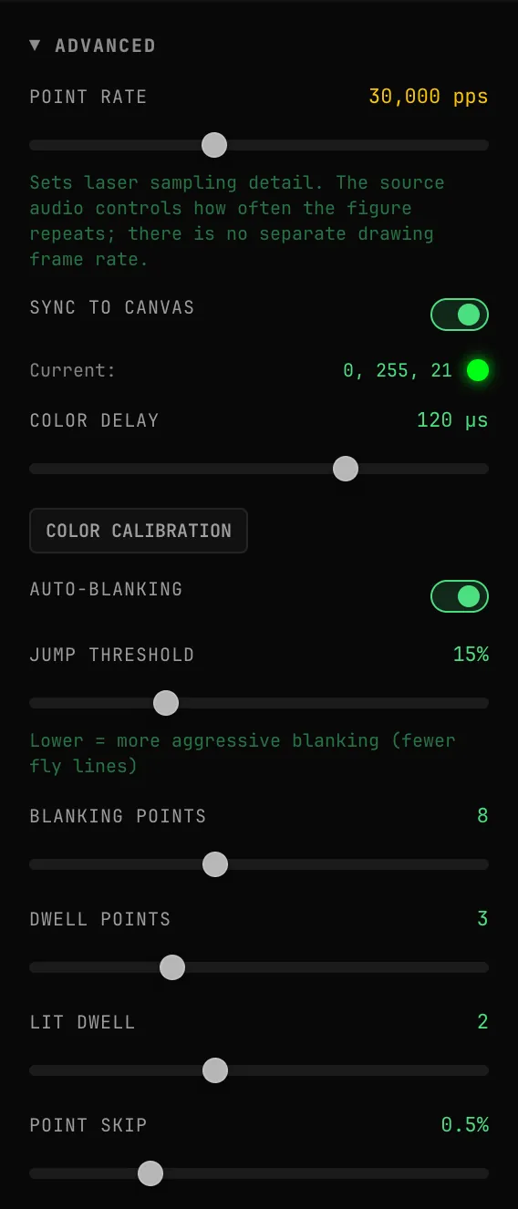 The ADVANCED block of the LASER OUTPUT panel: POINT RATE 30,000 pps, SYNC TO CANVAS on with Current: 0, 255, 21, COLOR DELAY 120 µs, COLOR CALIBRATION, AUTO-BLANKING on, JUMP THRESHOLD 15%, BLANKING POINTS 8, DWELL POINTS 3, LIT DWELL 2 and POINT SKIP 0.5%