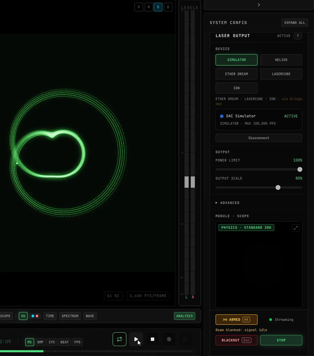 The transport is paused while the DAC Simulator streams: the scope holds its last frame, the output preview goes dark and Beam blanked: signal idle appears in amber under ARMED; play resumes and the preview relights on its own