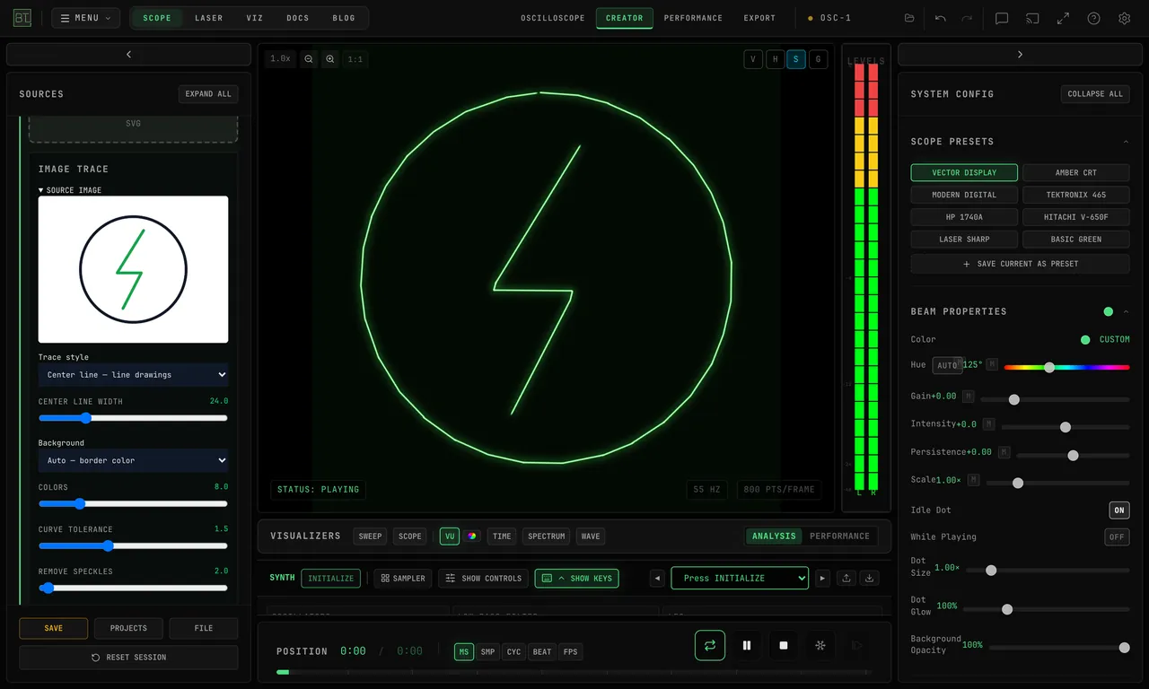The same circle and lightning-shaped line drawn once on the scope with Center line selected