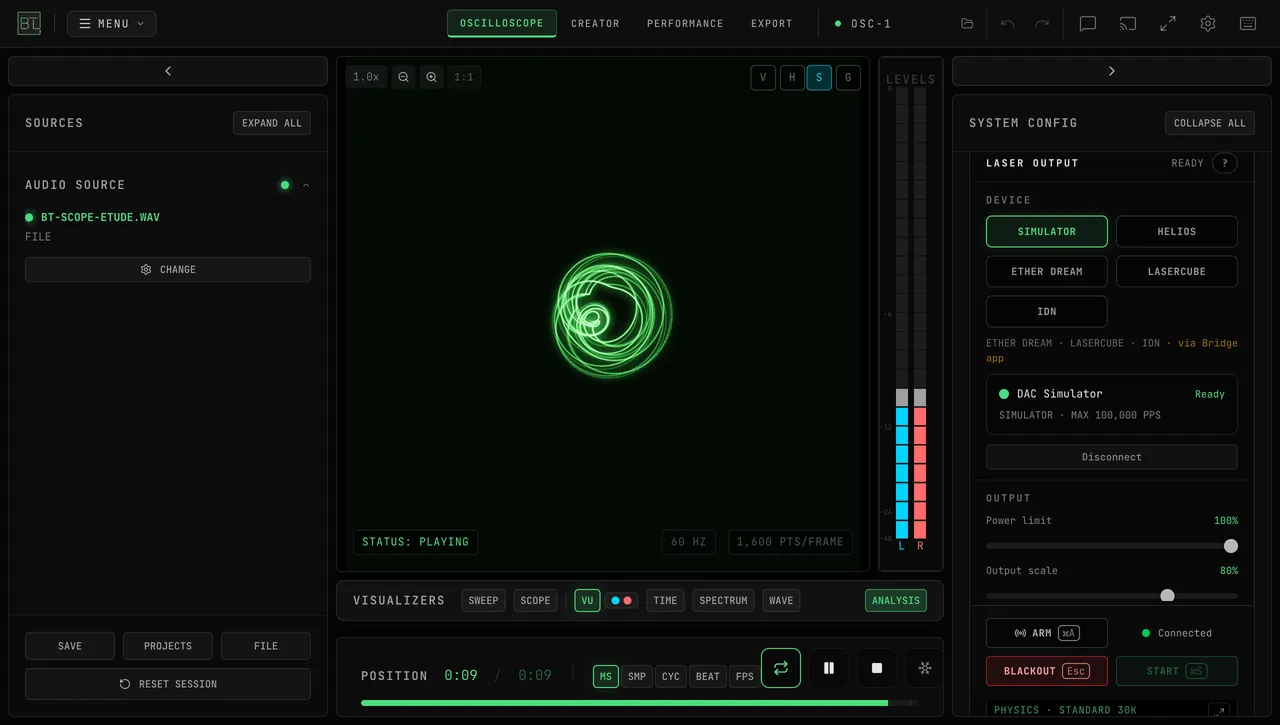 OSC-1 playing a stereo file, with the LASER OUTPUT panel open in the SYSTEM CONFIG column: the DEVICE buttons SIMULATOR, HELIOS, ETHER DREAM, LASERCUBE and IDN, the connected DAC Simulator, Power limit and Output scale, and the ARM, BLACKOUT and START row