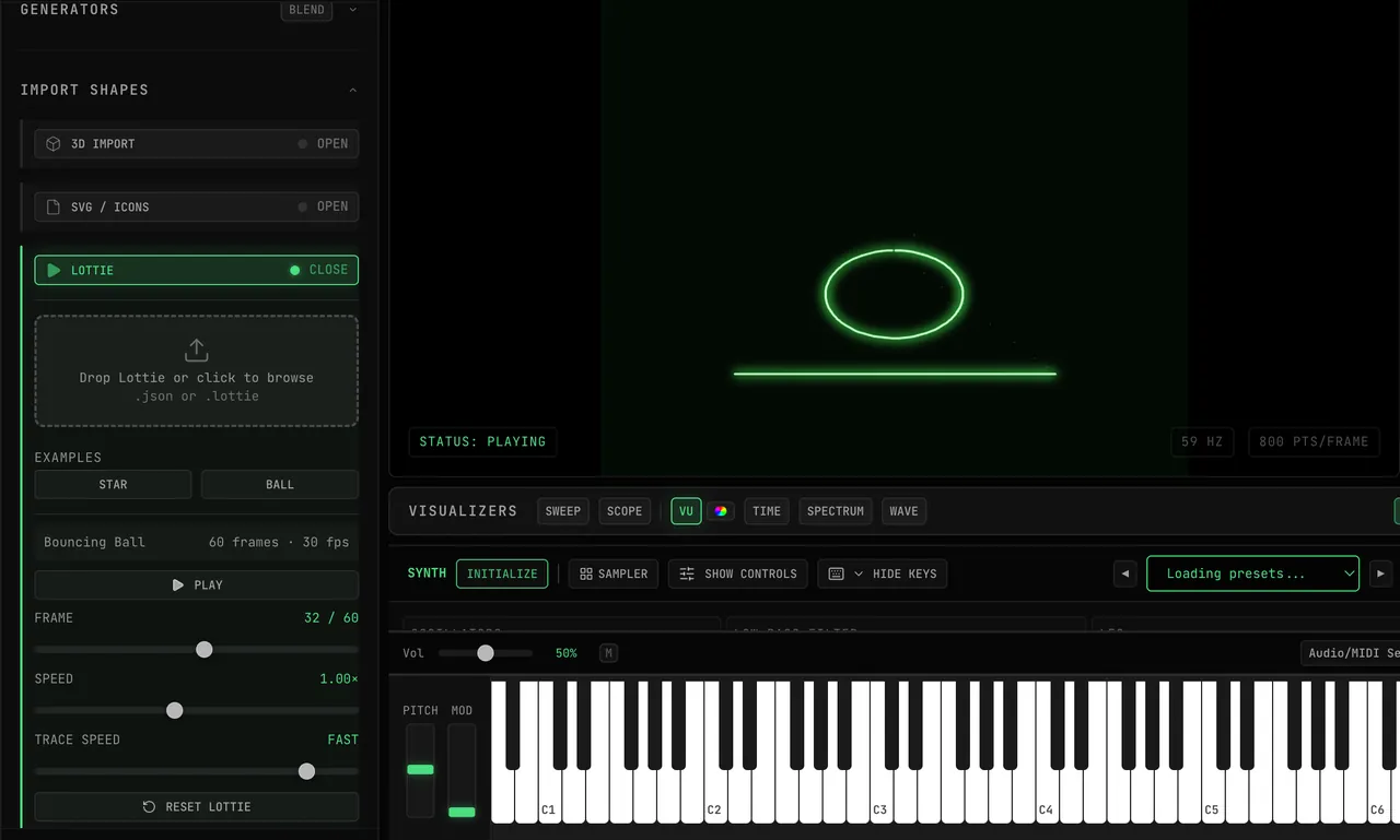 OSC-1 in Creator mode with IMPORT SHAPES → LOTTIE open, playing the BALL example: a ring drops onto a line, squashes and bounces back up on the scope