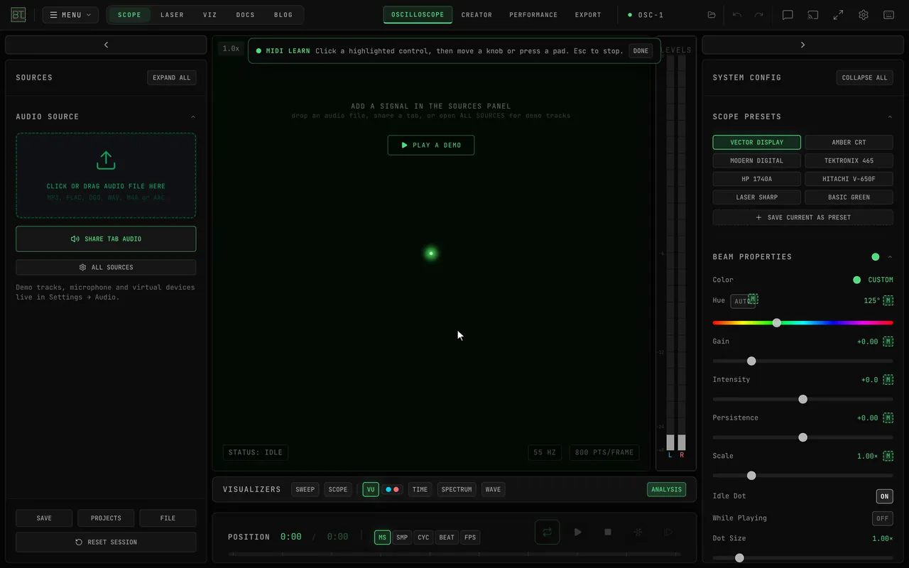 OSC-1 MIDI Learn: START MIDI LEARN in Settings → MIDI outlines the M buttons in Beam Properties, the Hue M button is clicked, a knob is turned, the bar reads Mapped CC 21 ch 1 → XY Hue, and after DONE the knob sweeps the hue slider and the beam color