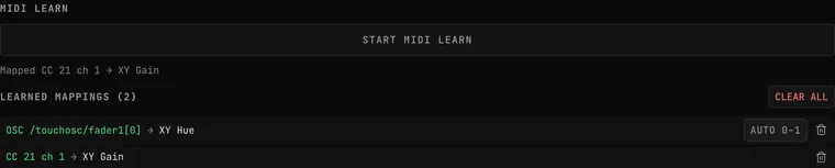 OSC-1 Settings → OSC: MIDI LEARN with START MIDI LEARN and Mapped CC 21 ch 1 → XY Gain, and LEARNED MAPPINGS (2) listing OSC /touchosc/fader1[0] → XY Hue with AUTO 0–1 and CC 21 ch 1 → XY Gain, each with a remove button, and CLEAR ALL
