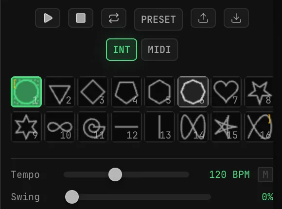 The Step Sequencer’s transport row (Play, stop, loop range, PRESET, import and export), the INT and MIDI clock buttons, the 16-step shape grid, and the Tempo 120 BPM and Swing 0% sliders