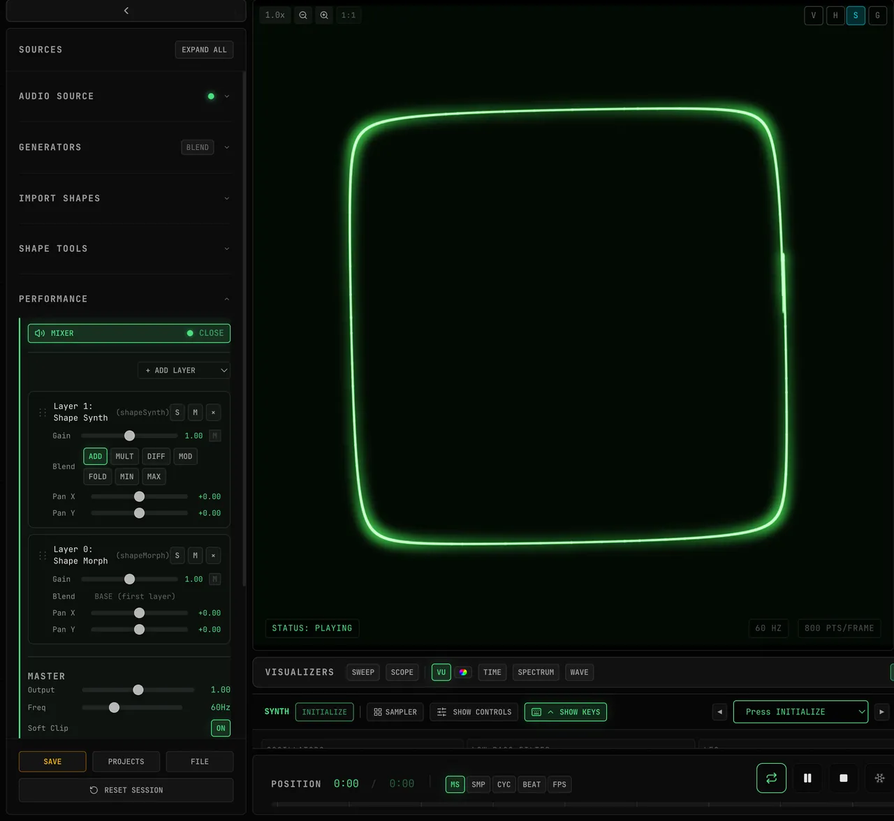 The MIXER panel in the Sources column with the XY display beside it: + ADD LAYER adds Shape Morph as Layer 0 (Blend BASE), then Shape Synth as Layer 1 above it; clicking its Blend buttons MULT, DIFF, FOLD, MAX and ADD changes how the two shapes combine on the display, and the layer’s Gain slider is moved