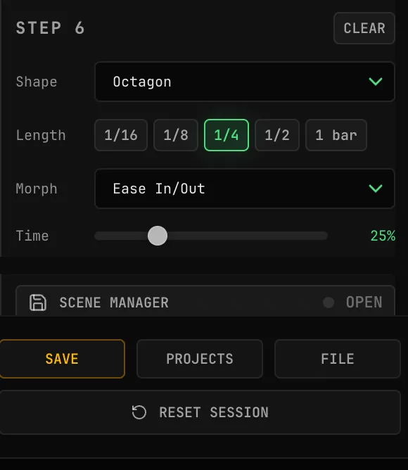 The STEP 6 block that opens under the grid: a CLEAR button, the Shape menu set to Octagon, Length buttons 1/16, 1/8, 1/4, 1/2 and 1 bar, the Morph menu set to Ease In/Out, and the Time slider at 25%