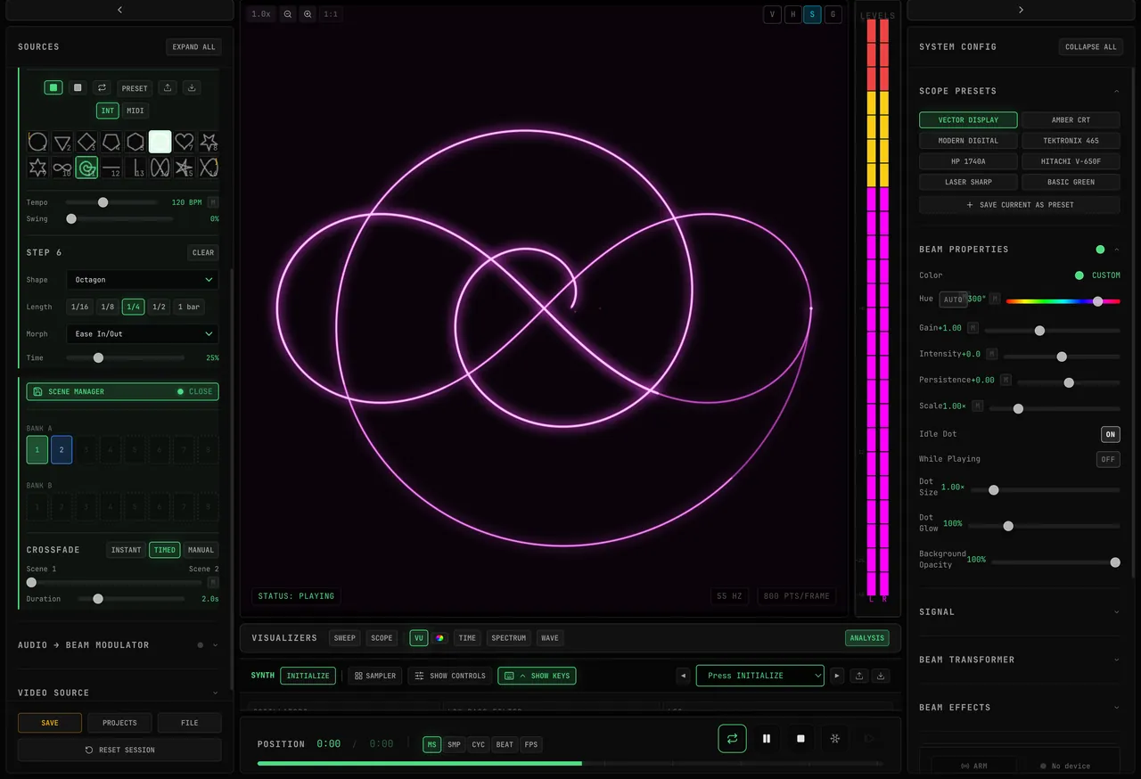 SCENE MANAGER in the Sources column with the XY display and Beam Properties beside it: slot 1 of BANK A is clicked and SAVE CURRENT STATE stores the green look; the Hue slider is moved to magenta and saved into slot 2; clicking slot 1 snaps the display back to green, then TIMED is chosen and slot 2 crossfades it to magenta