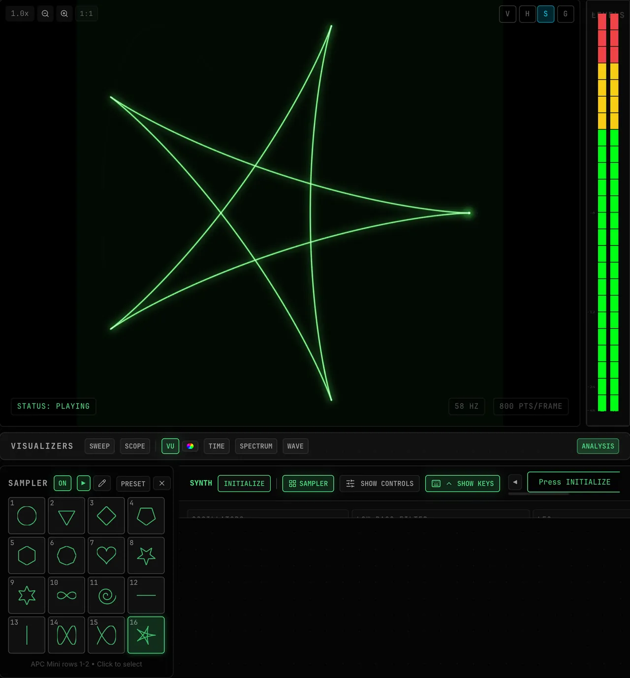SAMPLER in the synth bar opens the 16-pad grid; PRESET → Basics fills the pads with shapes, and clicking pads 1, 2, 7, 12 and 16 draws a Lissajous figure, a triangle, a heart, a spiral and a star on the XY display above