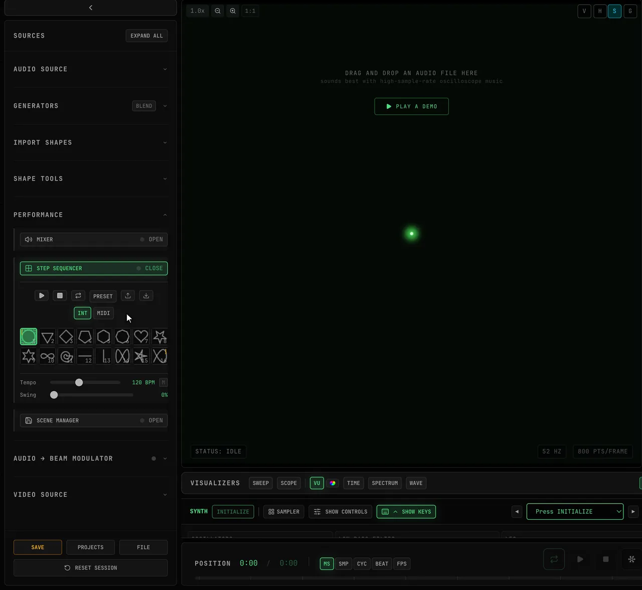The STEP SEQUENCER panel: PRESET → Basics fills the 16 steps with shape icons, Play steps through them and the XY display draws a triangle, an octagon, a spiral and more in turn; clicking step 6 opens its STEP 6 settings below the grid