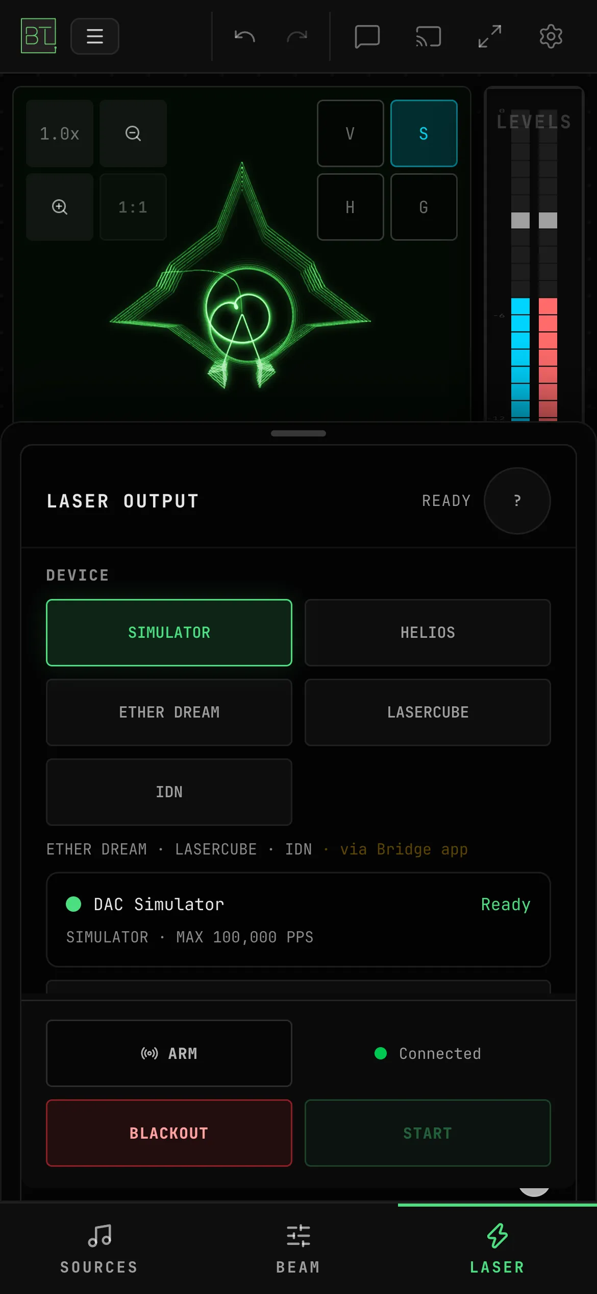 The LASER sheet on a phone with the DAC Simulator connected: the DEVICE buttons SIMULATOR, HELIOS, ETHER DREAM, LASERCUBE and IDN, the DAC Simulator card reading Ready, and the ARM, BLACKOUT and START buttons at the foot of the sheet above the tab bar