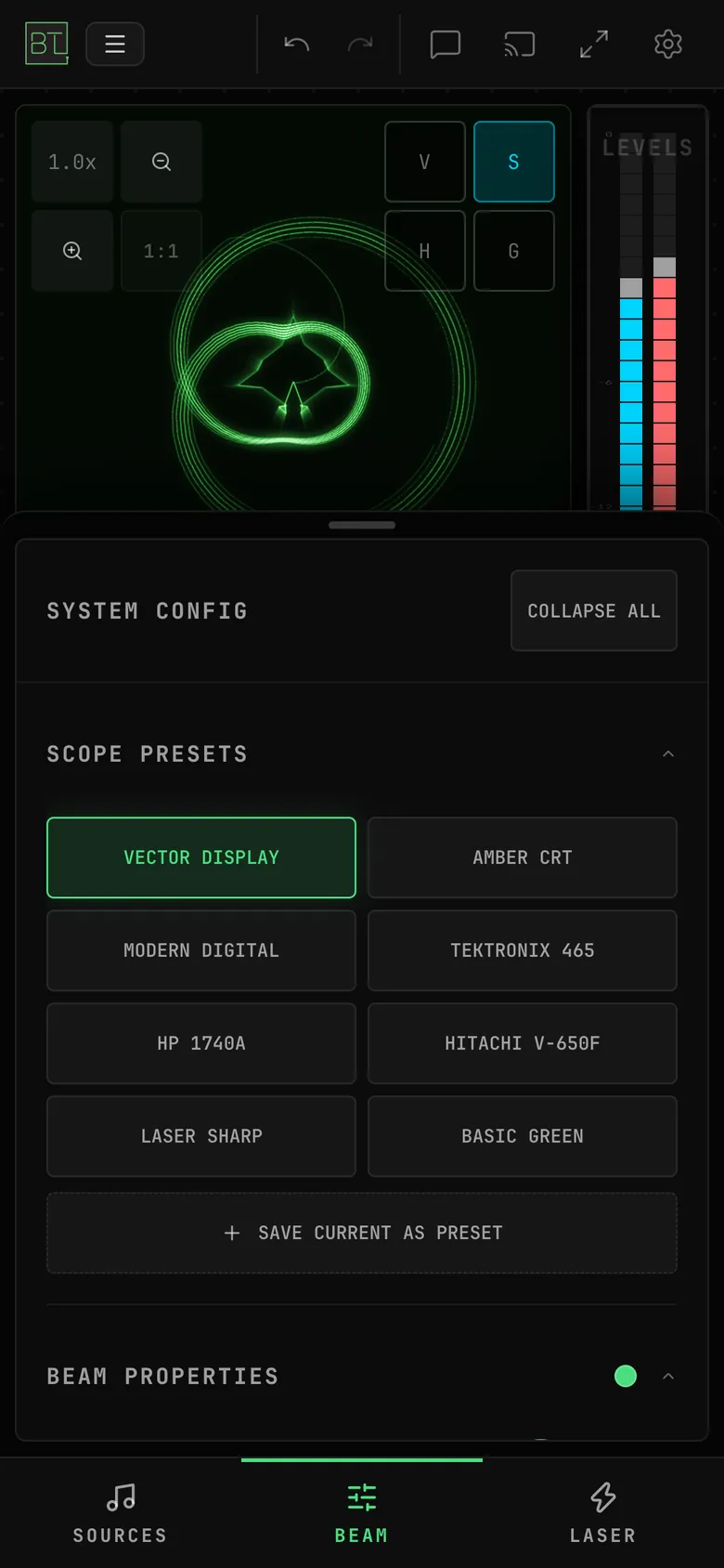 On a phone, SOURCES, BEAM and LASER are tapped in turn and each opens its sheet over the lower screen while the top of the scope stays visible; tapping LASER again closes it