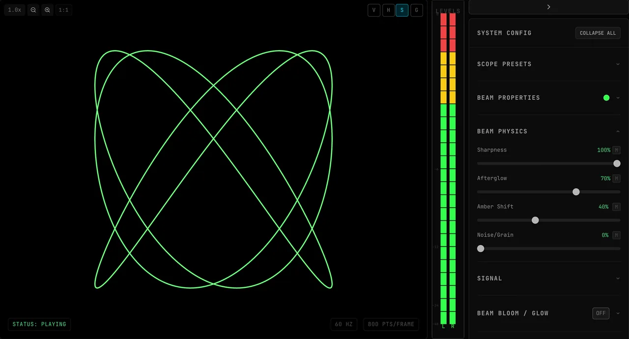 The Beam Physics panel beside the scope on the Tektronix 465 preset: dragging Sharpness from 40% down to 0% softens the Lissajous figure into a heavier, whiter beam, and up to 100% focuses it into a thin green line