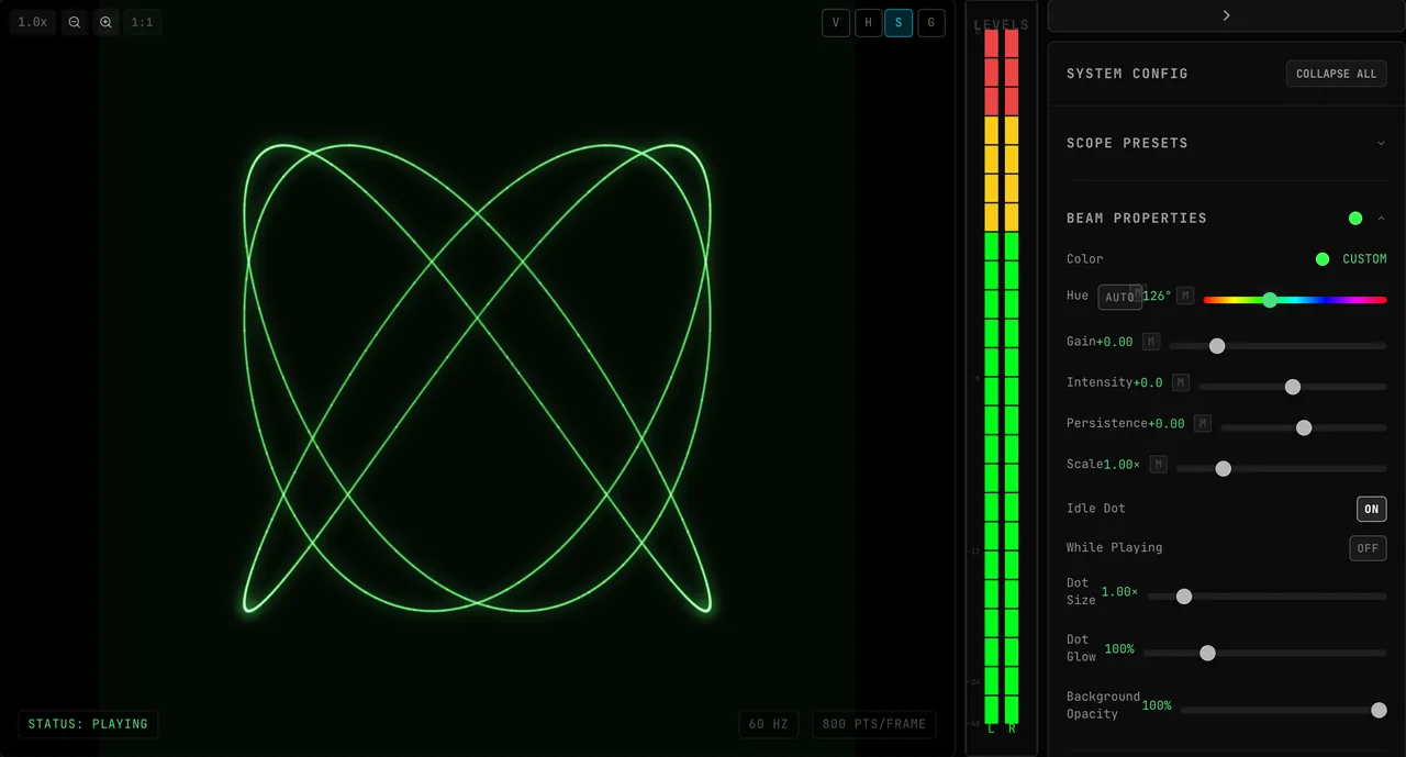 The Beam Properties panel beside the scope on the Vector Display preset: dragging Hue from 125° up to 359°, back down to 0° and up to 125° again recolors the Lissajous figure through the whole spectrum