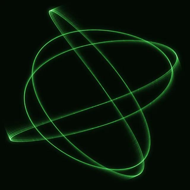 VECTOR DISPLAY: a bright green beam with smooth phosphor trails following the turning Lissajous figure