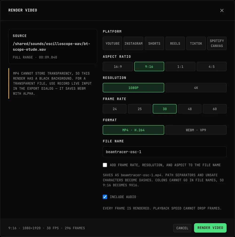 The Render Video dialog with MP4 · H.264 selected and a notice that MP4 cannot store transparency, so the render has a black background