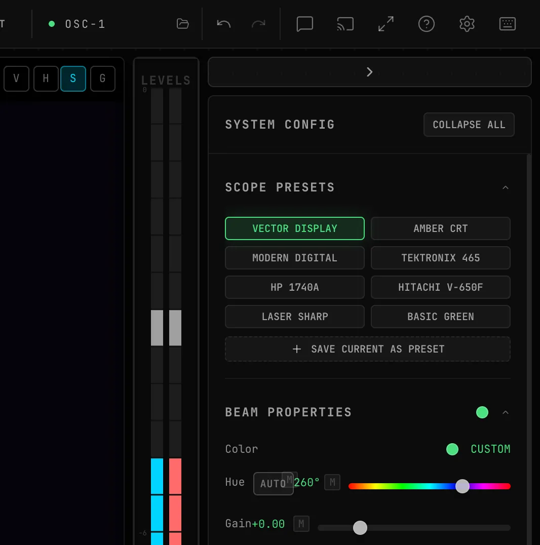 The header’s OSC-1 project name with its status dot above the Beam Properties panel: moving the Hue slider turns the dot amber for Unsaved changes, and pressing Cmd+S turns it green again for All changes saved