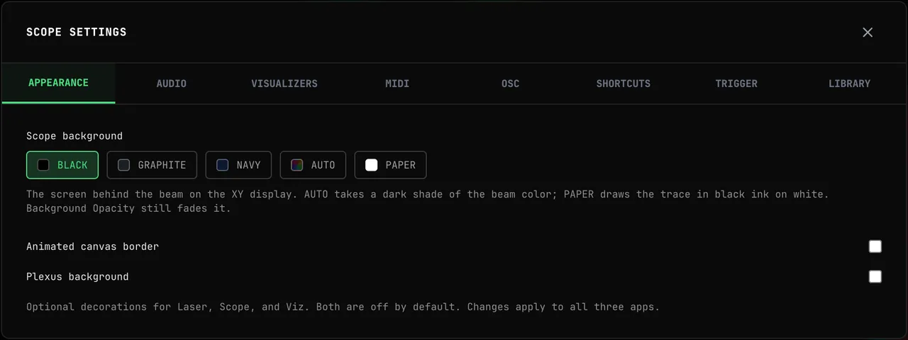 The APPEARANCE tab of SCOPE SETTINGS: Scope background with BLACK selected beside GRAPHITE, NAVY, AUTO and PAPER, and the Animated canvas border and Plexus background checkboxes