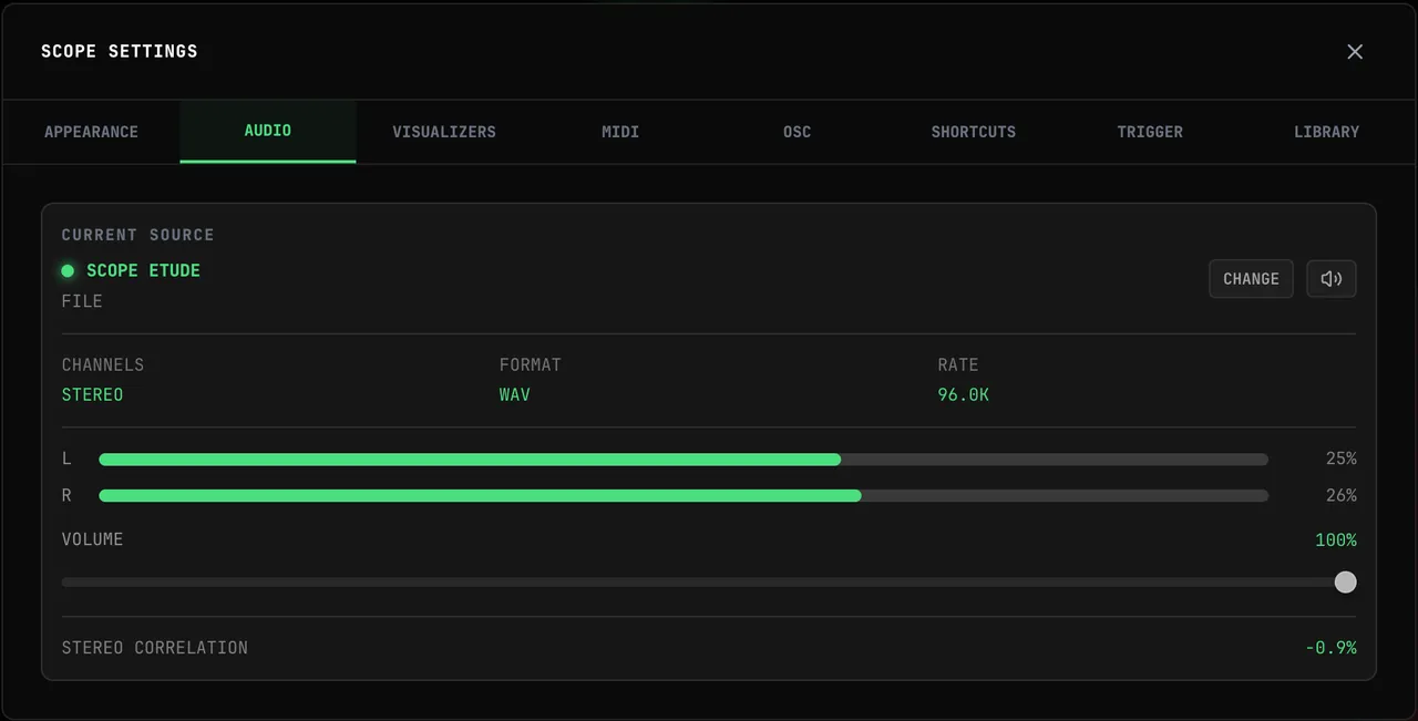 The AUDIO tab showing CURRENT SOURCE: SCOPE ETUDE, FILE, with CHANGE and mute buttons, CHANNELS STEREO, FORMAT WAV, RATE 96.0K, live L and R meters, the VOLUME slider at 100% and STEREO CORRELATION