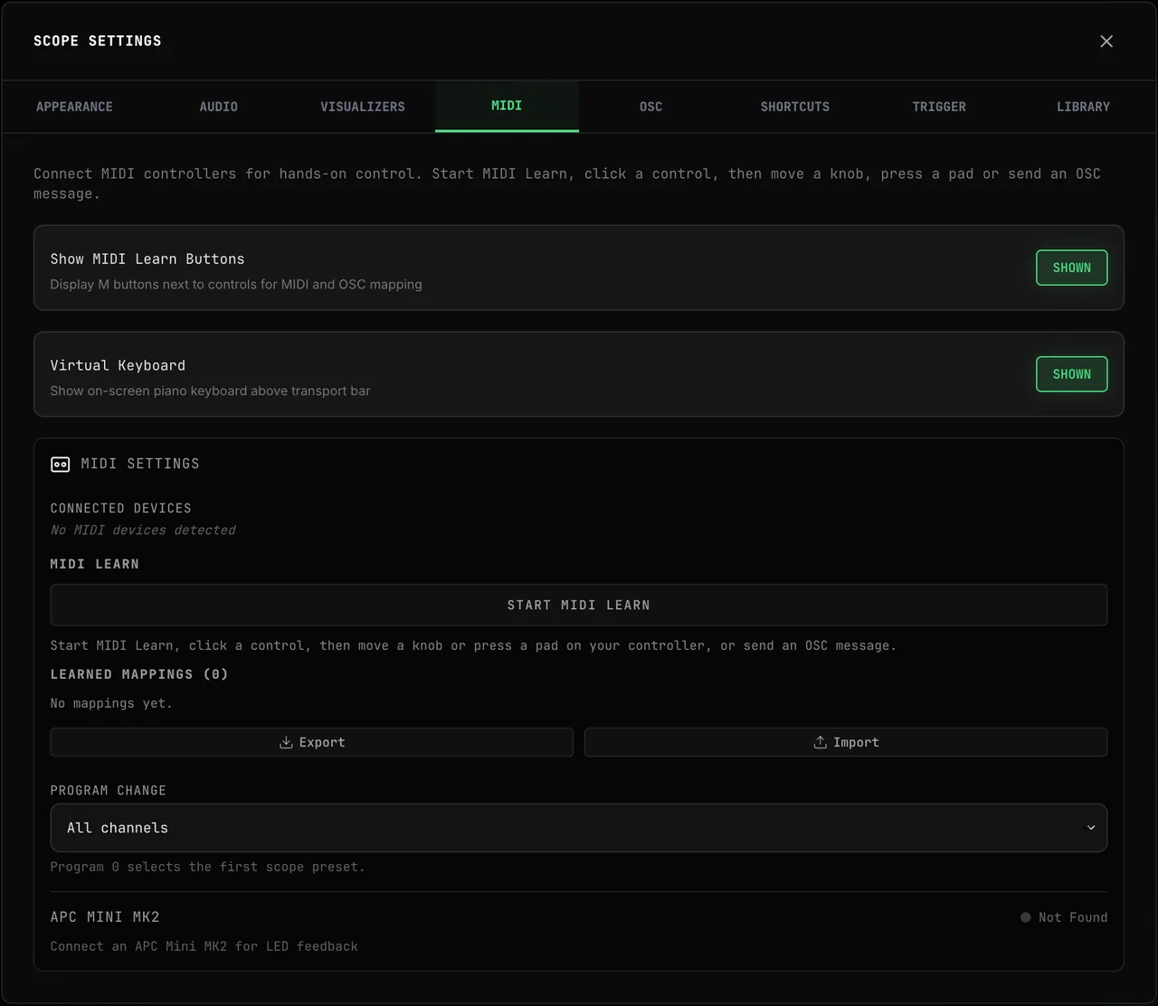 The MIDI tab: Show MIDI Learn Buttons and Virtual Keyboard both SHOWN, MIDI SETTINGS with Connected Devices, START MIDI LEARN, LEARNED MAPPINGS (0) with Export and Import, Program Change set to All channels, and an APC MINI MK2 row reading Not found