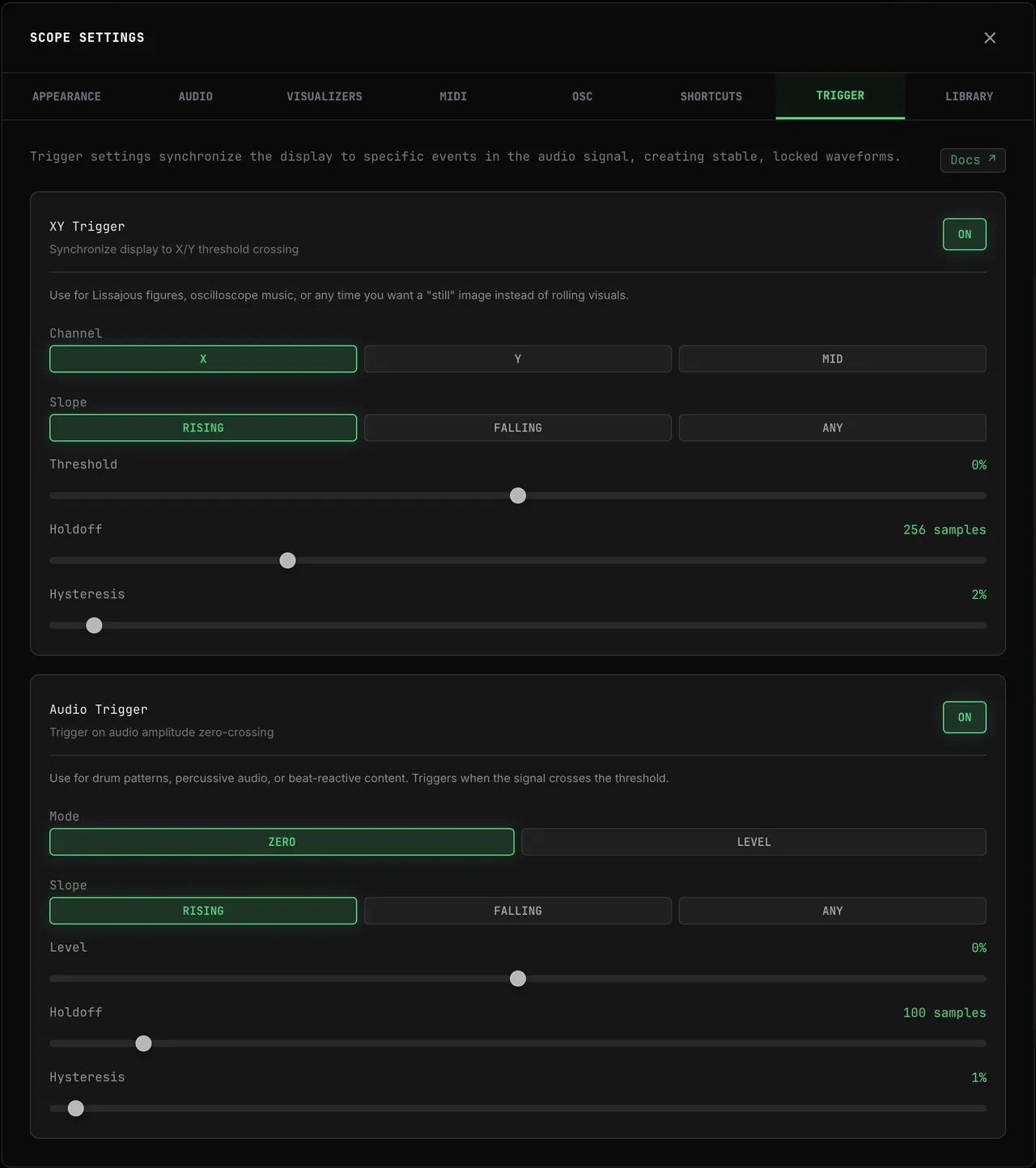 The TRIGGER tab with both switches ON: XY Trigger with Channel, Slope, Threshold, Holdoff and Hysteresis, and Audio Trigger with Mode ZERO / LEVEL, Slope, Level, Holdoff and Hysteresis, plus the Docs link