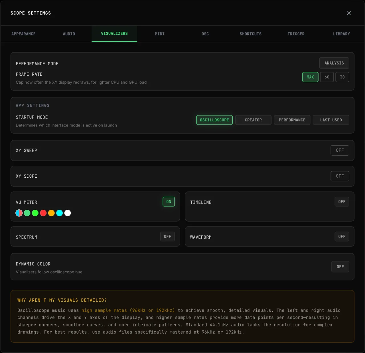 The VISUALIZERS tab: PERFORMANCE MODE with its ANALYSIS | PERFORMANCE switch, FRAME RATE MAX / 60 / 30, STARTUP MODE, then the XY SWEEP, XY SCOPE, VU METER with its color dots, TIMELINE, SPECTRUM, WAVEFORM and DYNAMIC COLOR switches, and the note on why 96 kHz and 192 kHz material looks more detailed