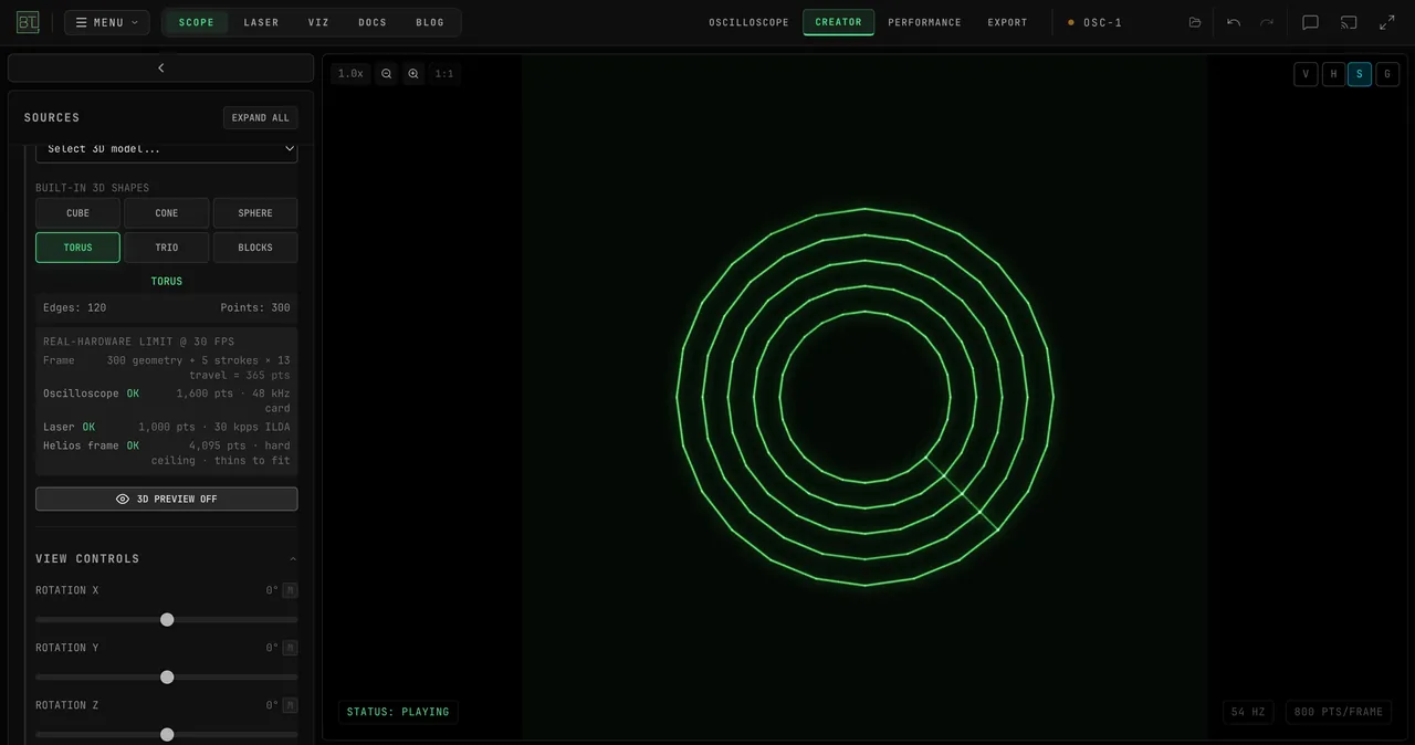 TORUS chosen under BUILT-IN 3D SHAPES: the model appears in the 3D preview with its edge and point counts, then 3D PREVIEW is switched off and the scope traces the torus as concentric rings