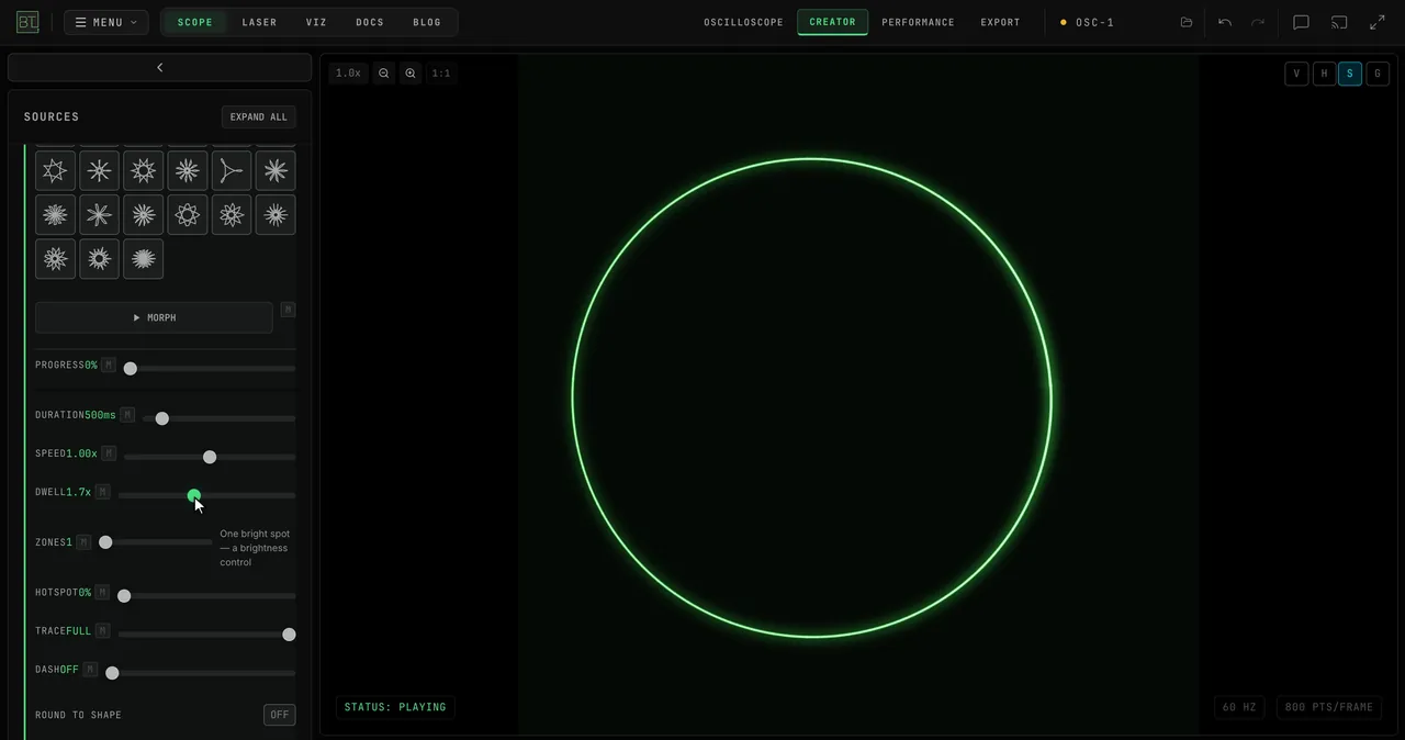 A circle with DWELL raised from OFF to about 2x so one side of the ring glows brighter, ZONES raised to 3 for three bright spots, then HOTSPOT swept so the bright spots travel around the ring