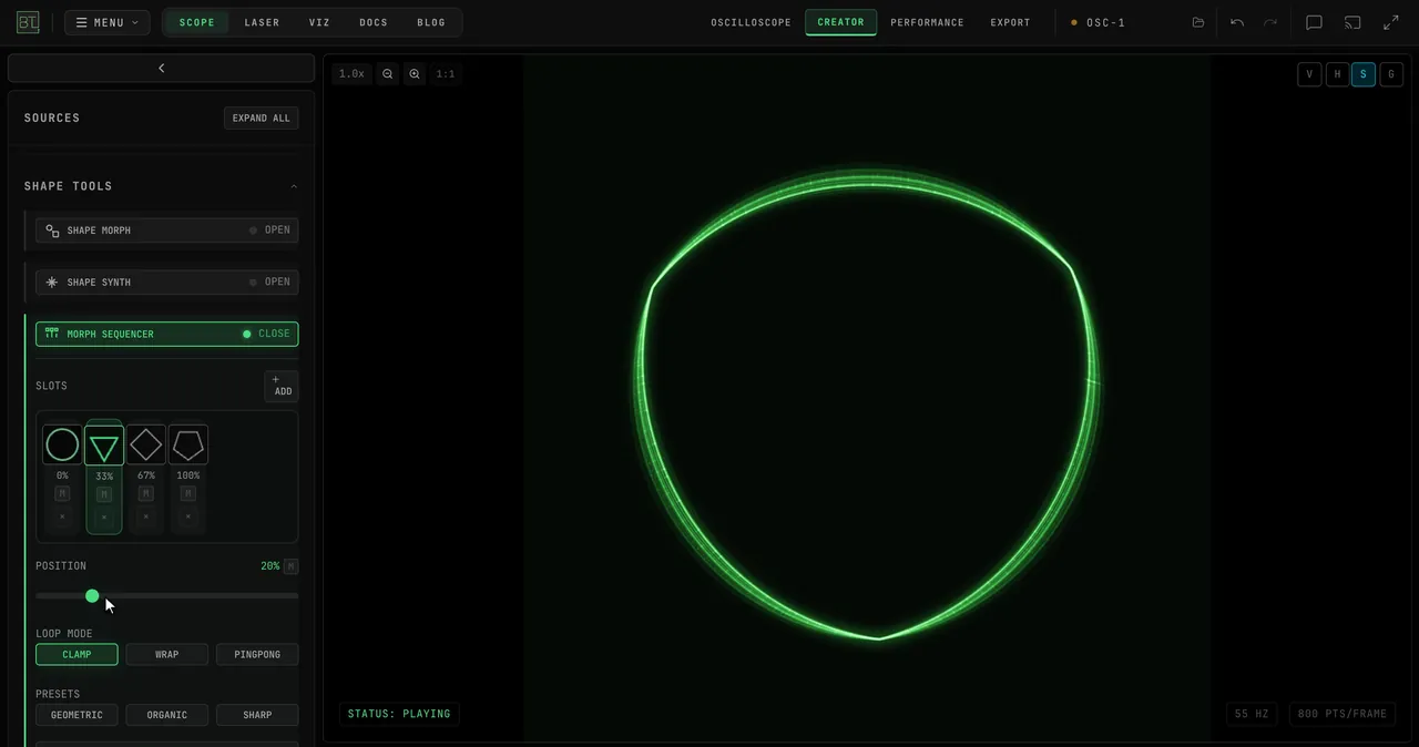 MORPH SEQUENCER with the GEOMETRIC preset loaded into four slots; dragging POSITION from 0% to 100% and back morphs the figure on the scope from circle through triangle and square to pentagon