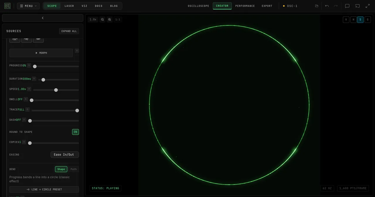 A loaded WAV drawing its own figure; switching ROUND TO SHAPE to ON snaps the track onto the selected circle, and switching it OFF lets the original figure return