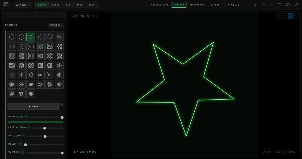 SHAPE MORPH with Circle as SOURCE and 5-Point Star as TARGET: pressing MORPH morphs the figure on the scope from the circle into the star, then with Elastic easing and the shapes swapped it springs back