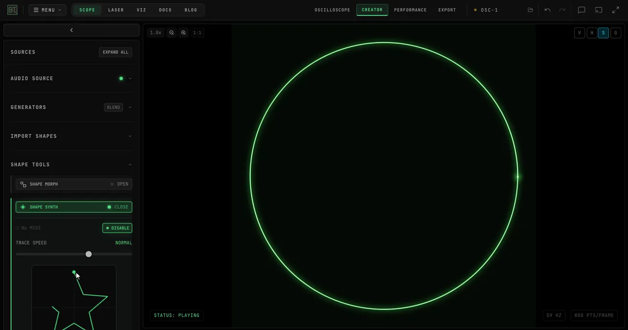 SHAPE SYNTH enabled and a five-point star drawn in one stroke on its drawing canvas; the scope redraws the same star as the beam path