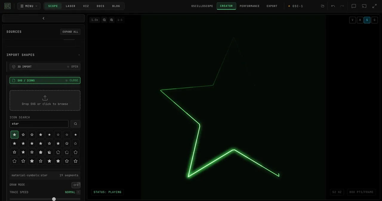 star typed into ICON SEARCH, the search button pressed, a grid of star icons appearing, and the first one clicked: material-symbols:star with 19 segments is traced on the scope