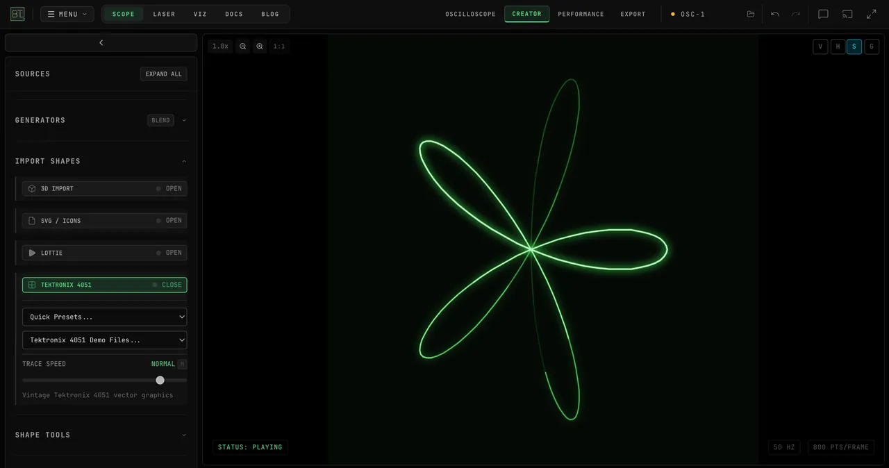 Rose Curve 5 chosen from the Quick Presets dropdown draws a five-petal rose on the scope, then TRACE SPEED is dragged so the drawing speed changes