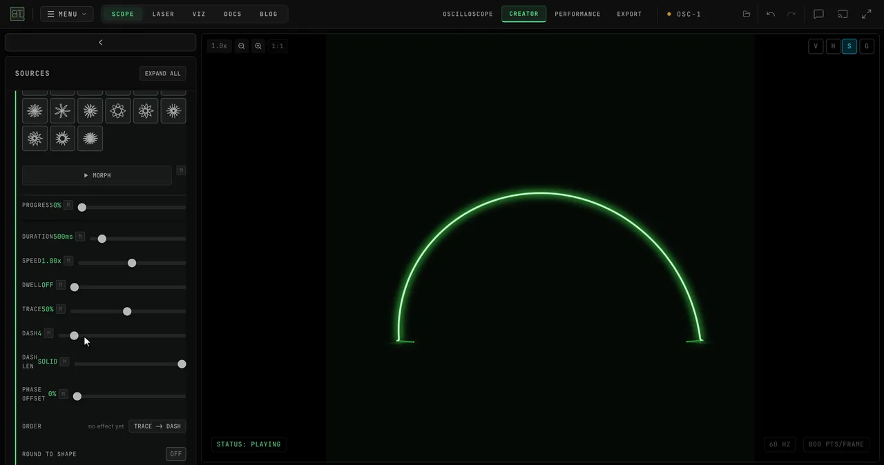 A circle with TRACE lowered to 50% so half the ring is drawn, DASH raised to 4 so it breaks into strokes, PHASE OFFSET swept so the dashes travel, then the order button switched from TRACE -> DASH to DASH -> TRACE