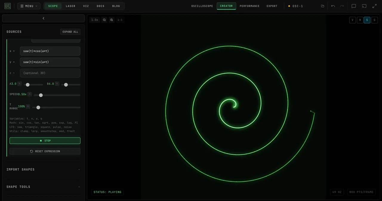 The EXPRESSION card: STOP, then x = saw(t)*cos(a*t) and y = saw(t)*sin(a*t) typed into the fields and GENERATE pressed; the scope draws a three-turn spiral