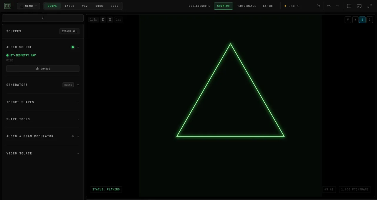 A WAV file dropped on the CLICK OR DRAG AUDIO FILE HERE zone: the AUDIO SOURCE section changes to BT-GEOMETRY.WAV · FILE and the scope draws the triangle from the track