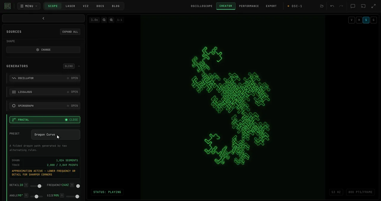 The FRACTAL card: the PRESET dropdown switching from Koch Snowflake to Dragon Curve and Hilbert Curve and back, then Detail raised from 3 to 5 and returned, the scope redrawing each system