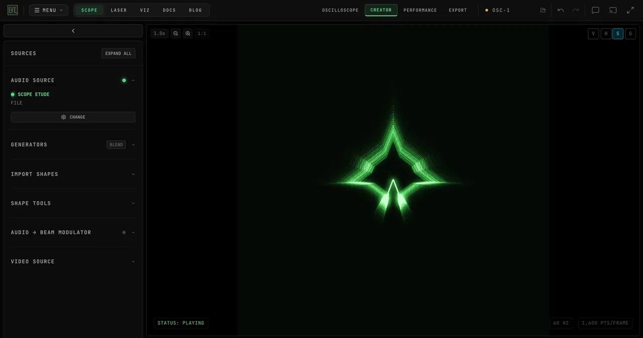OSC-1 in Creator mode: clicking PLAY A DEMO on the empty display loads Scope Etude, the AUDIO SOURCE section names it, and the XY figure draws on the scope