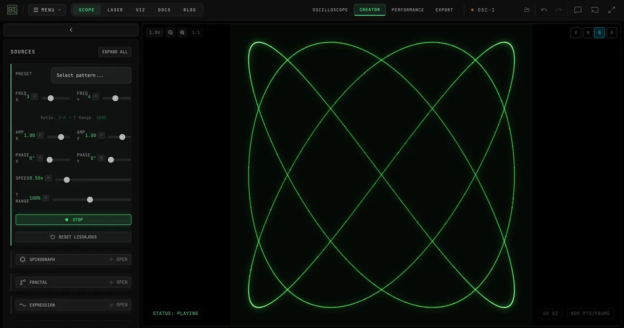 The LISSAJOUS card: dragging Freq X from 3 to 5, then 2, then back to 3 while the figure on the scope changes with every ratio