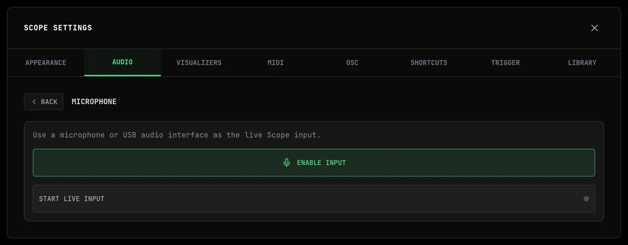 Settings → Audio → MICROPHONE: the note Use a microphone or USB audio interface as the live Scope input, the ENABLE INPUT button, and START LIVE INPUT below it