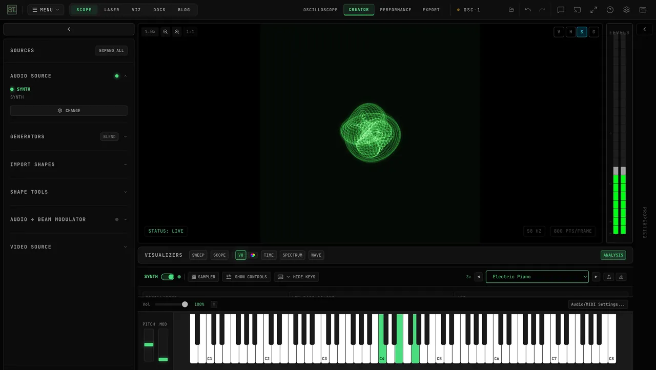 Typing Z X C V B N M plays a run up the lower octave on the on-screen keyboard, each key lighting as it sounds, then a held Q E T chord draws its figure on the scope