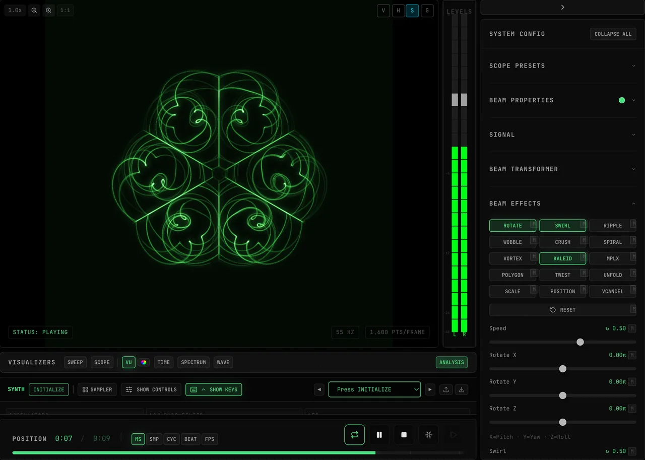 In Creator mode with the demo track playing, clicking ROTATE, SWIRL and KALEID in the Beam Effects panel: the shapes start turning, bend into a swirl, then mirror into a six-segment mandala