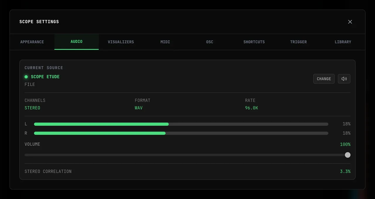 SCOPE SETTINGS on the AUDIO tab: the CURRENT SOURCE card for Scope Etude shows CHANNELS STEREO, FORMAT WAV and RATE 96.0K, live L and R level bars, the VOLUME slider and STEREO CORRELATION