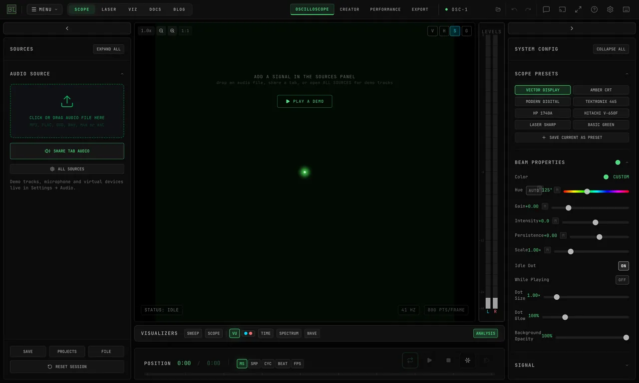 OSC-1 freshly opened in Oscilloscope mode: the Sources panel on the left with CLICK OR DRAG AUDIO FILE HERE, SHARE TAB AUDIO and ALL SOURCES, the dark scope in the center showing the parked beam dot and a PLAY A DEMO button, and the Scope Presets and Beam Properties panels on the right