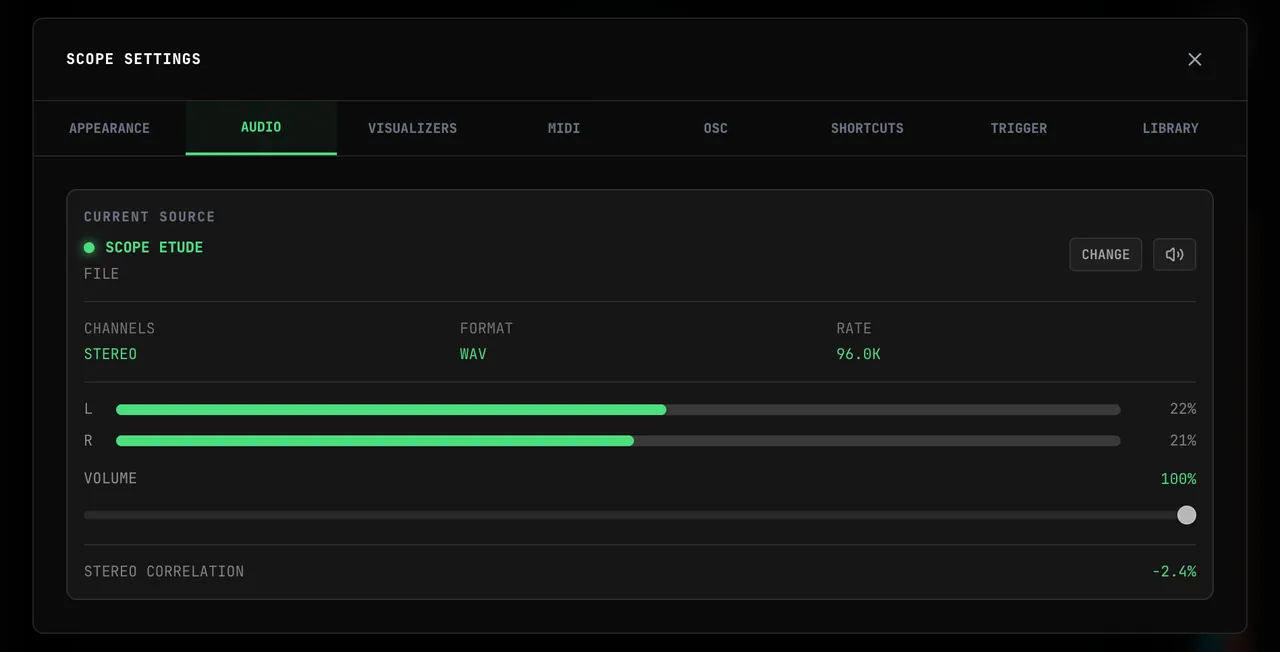 Clicking ALL SOURCES opens SCOPE SETTINGS on the AUDIO tab with CHOOSE AUDIO SOURCE; clicking the DEMO TRACK card shows the TRACK LIBRARY dropdown, and choosing Scope Etude loads it into the CURRENT SOURCE card