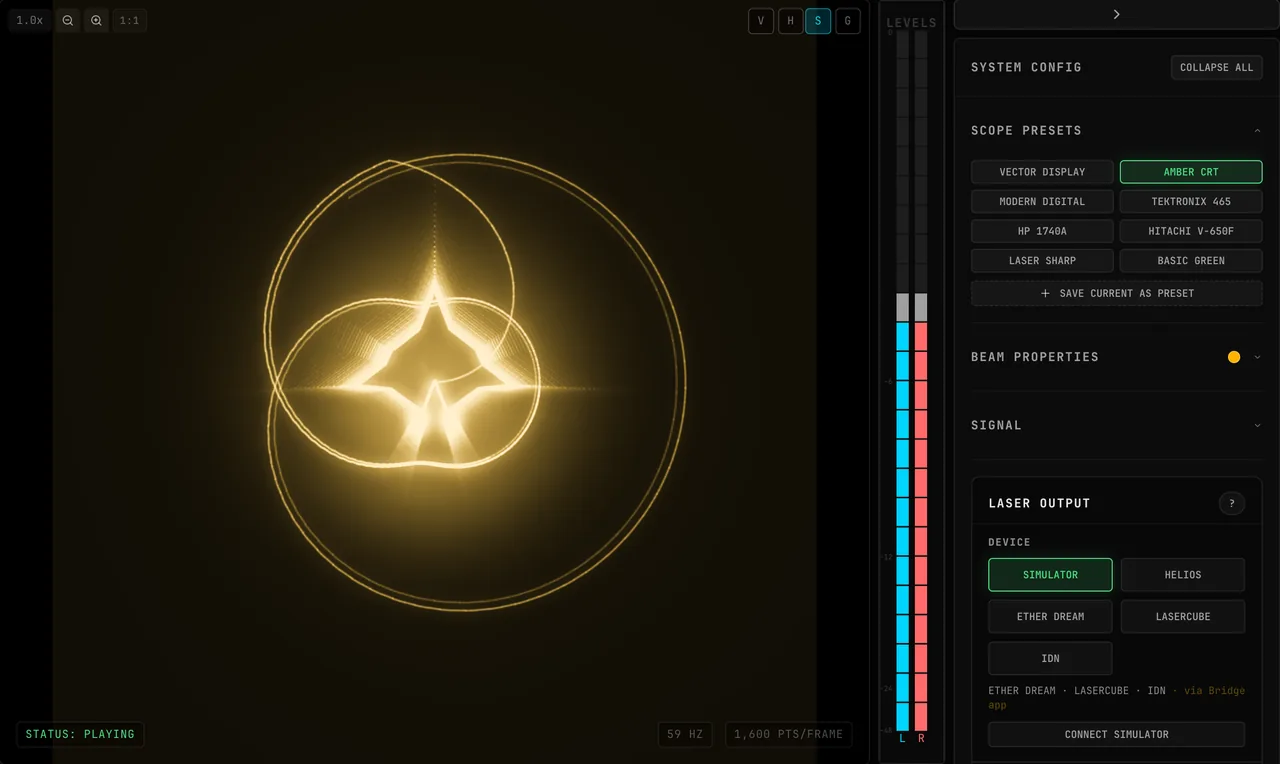 Clicking TEKTRONIX 465, VECTOR DISPLAY, LASER SHARP and AMBER CRT in the Scope Presets panel while the demo track plays: the same shapes redraw in pale green, bright green with trails, a razor-thin line, and warm amber glow
